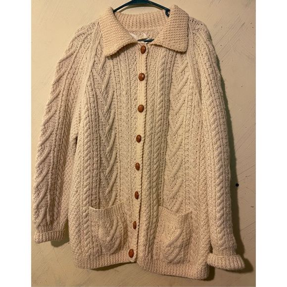 Vintage Wool Fisherman hand knit Cardigan sweater w/ wooden buttons sz XL by Woo - Picture 2 of 16
